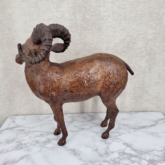 Vintage Tooled Leather Ram Sculpture Folk Art Perfect for your Cabin Lodge Ranch - Picture 10 of 15